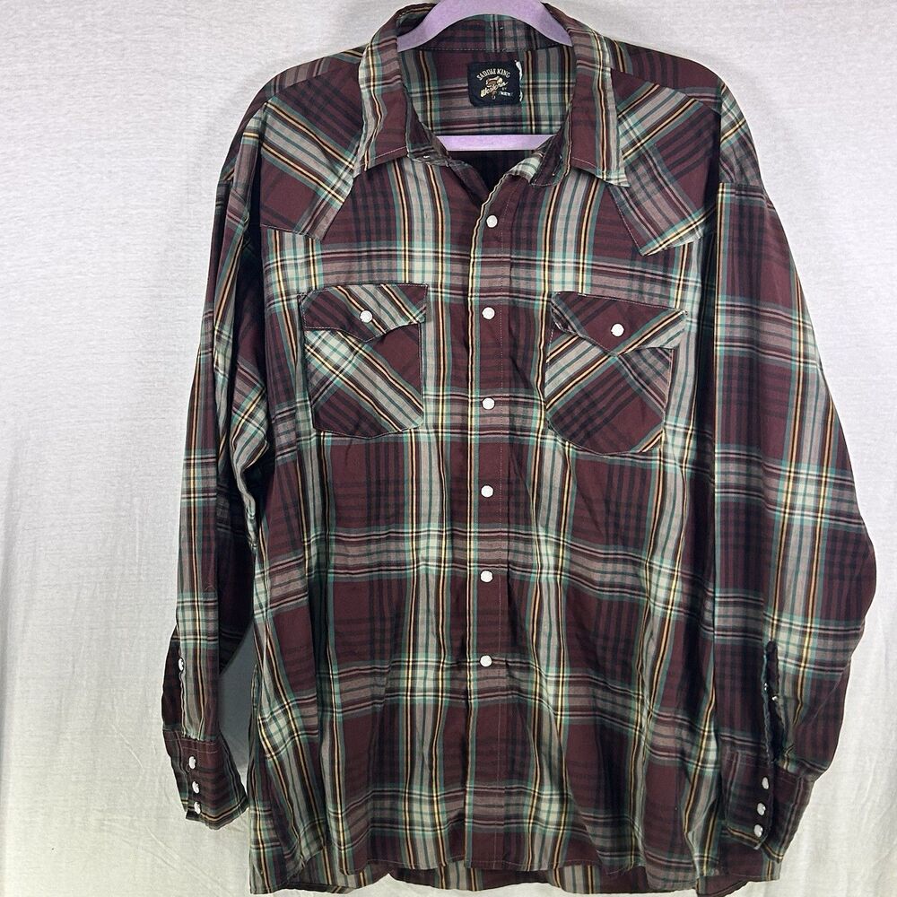 Saddle King Western Shirt Mens 2XL Snap Front Red Plaid Pearl Snap Vintage USA